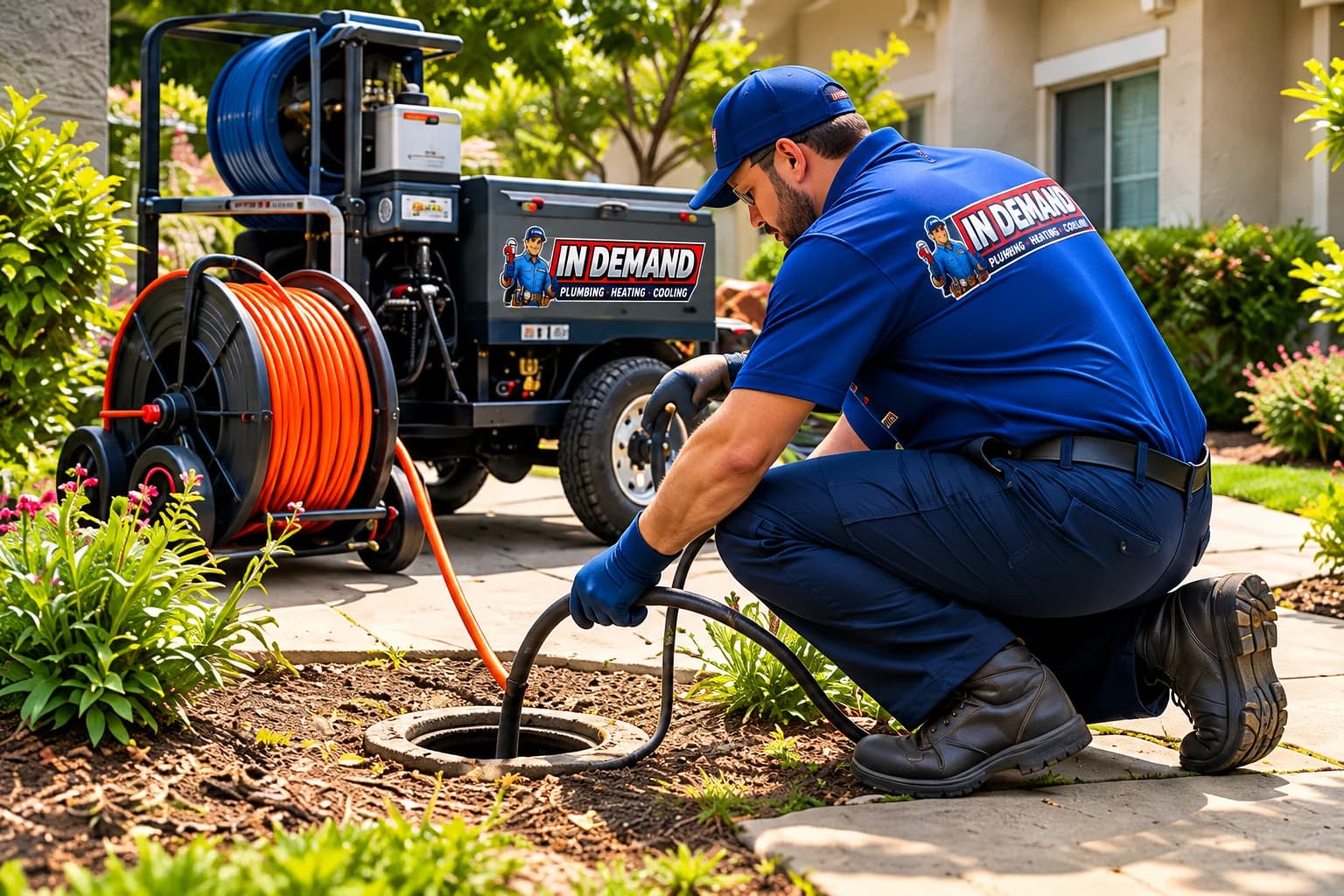 Illustration of an In Demand technician using hydro-jetting equipment beside a residential cleanout