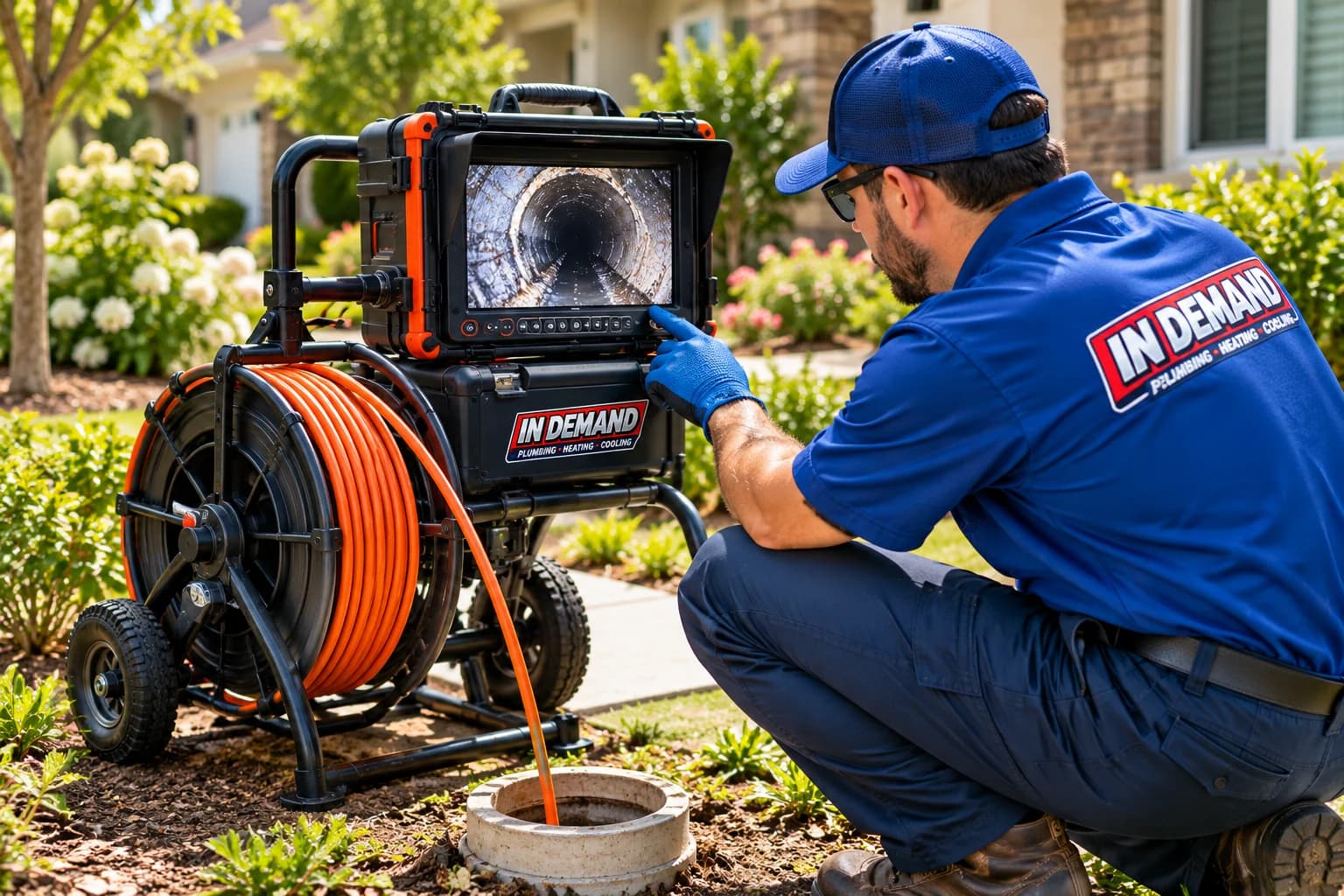 Illustration of an In Demand technician reviewing a sewer camera monitor