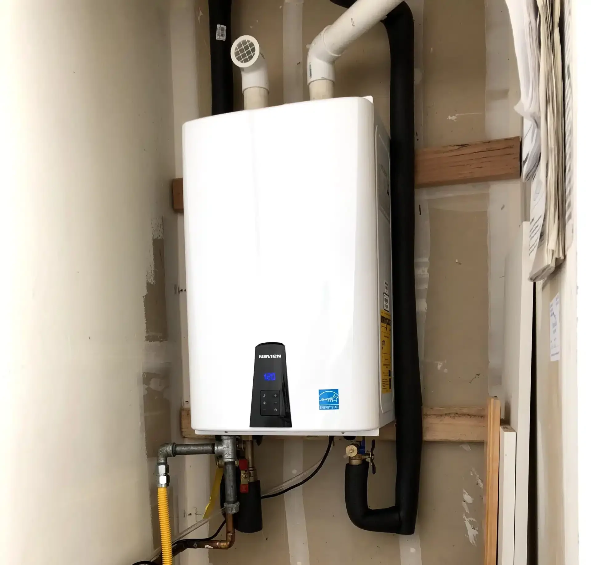 Tankless water heater in residential home in Antioch, CA.