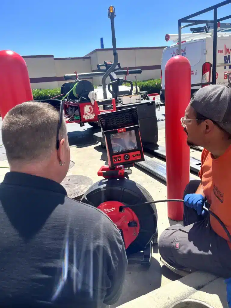 Techs performing video camera inspection in sewer line on commercial property in Antioch, CA.